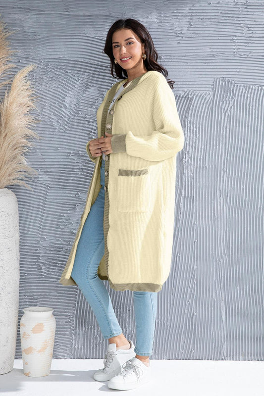 Button Up Contrast Trim Hooded Cardigan Carauana Store