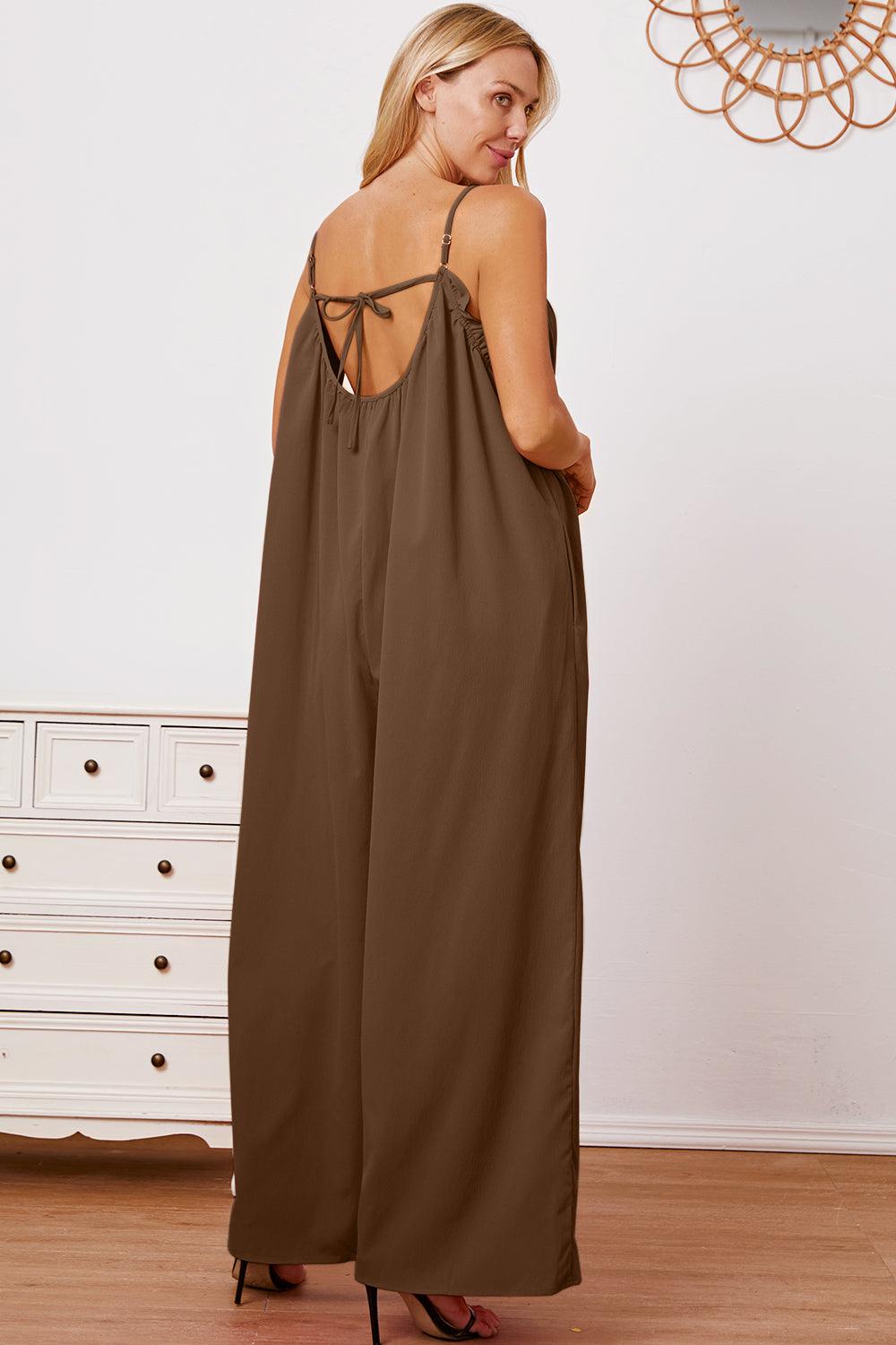 Double Take Full Size Ruffle Trim Tie Back Cami Jumpsuit with Pockets Carauana Store