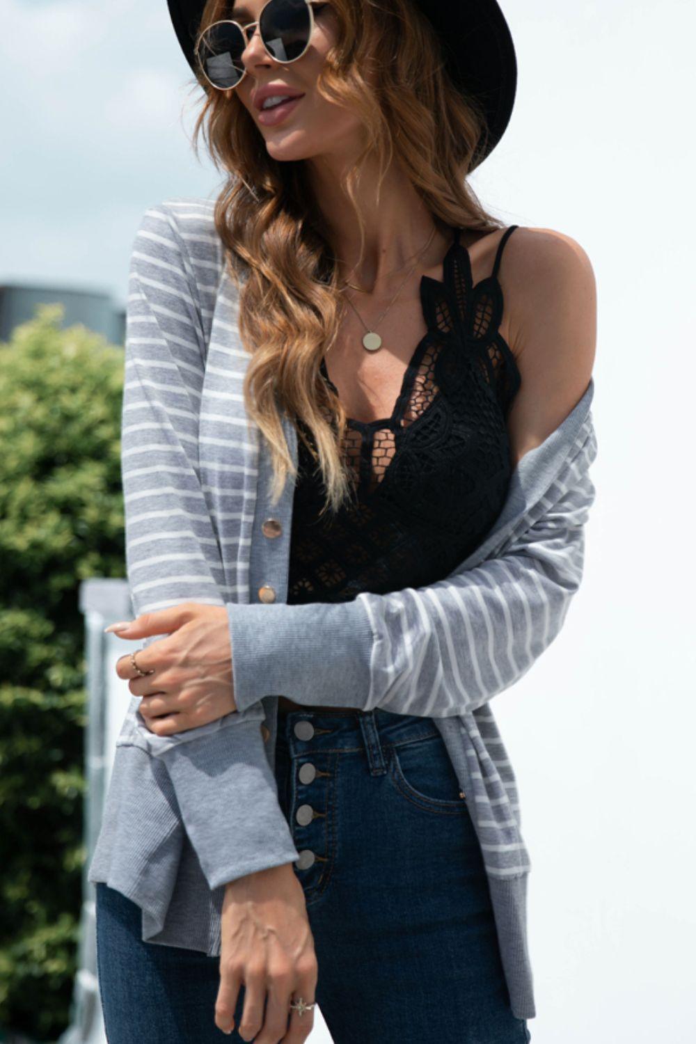Striped Snap Down Long Sleeve Cardigan Carauana Store