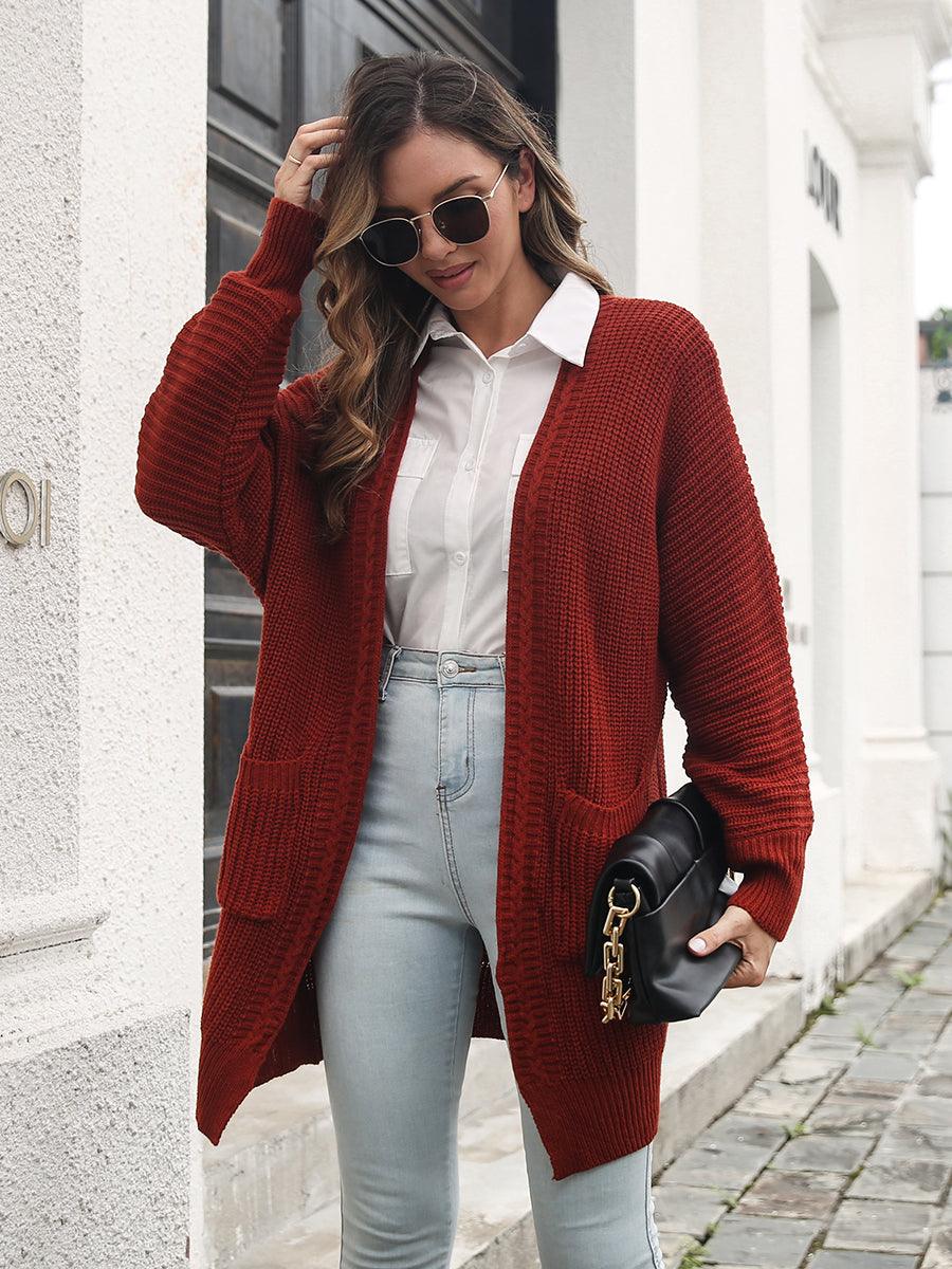 Open Front Rib-Knit Cardigan with Pockets Carauana Store