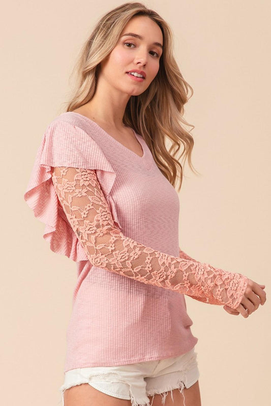 BiBi Ruffled Lace Sleeve Rib Knit Top Carauana Store