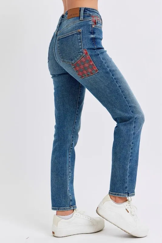 Judy Blue Full Size HW Plaid Patch Slim Fit Jeans Plus Size Carauana Store