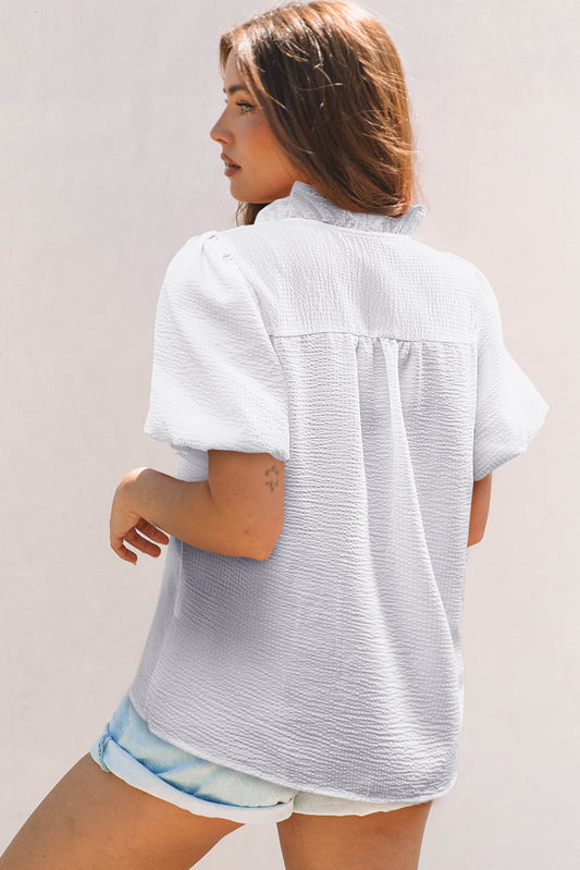 White Striped Ruffle Short Bubble Sleeve Shirt