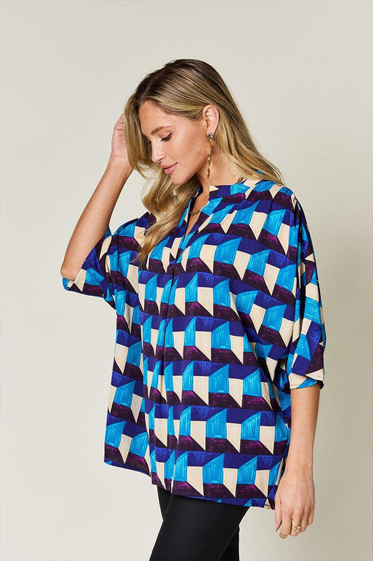 Double Take Full Size Geometric Notched Half Sleeve Blouse Carauana Store