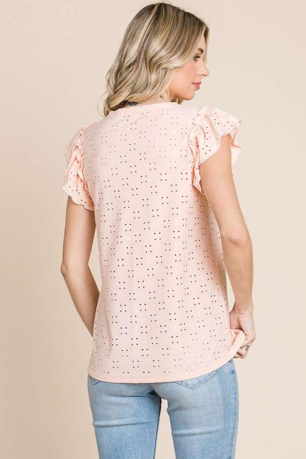 Culture Code Eyelet Round Neck Ruffled Cap Sleeve Top Carauana Store