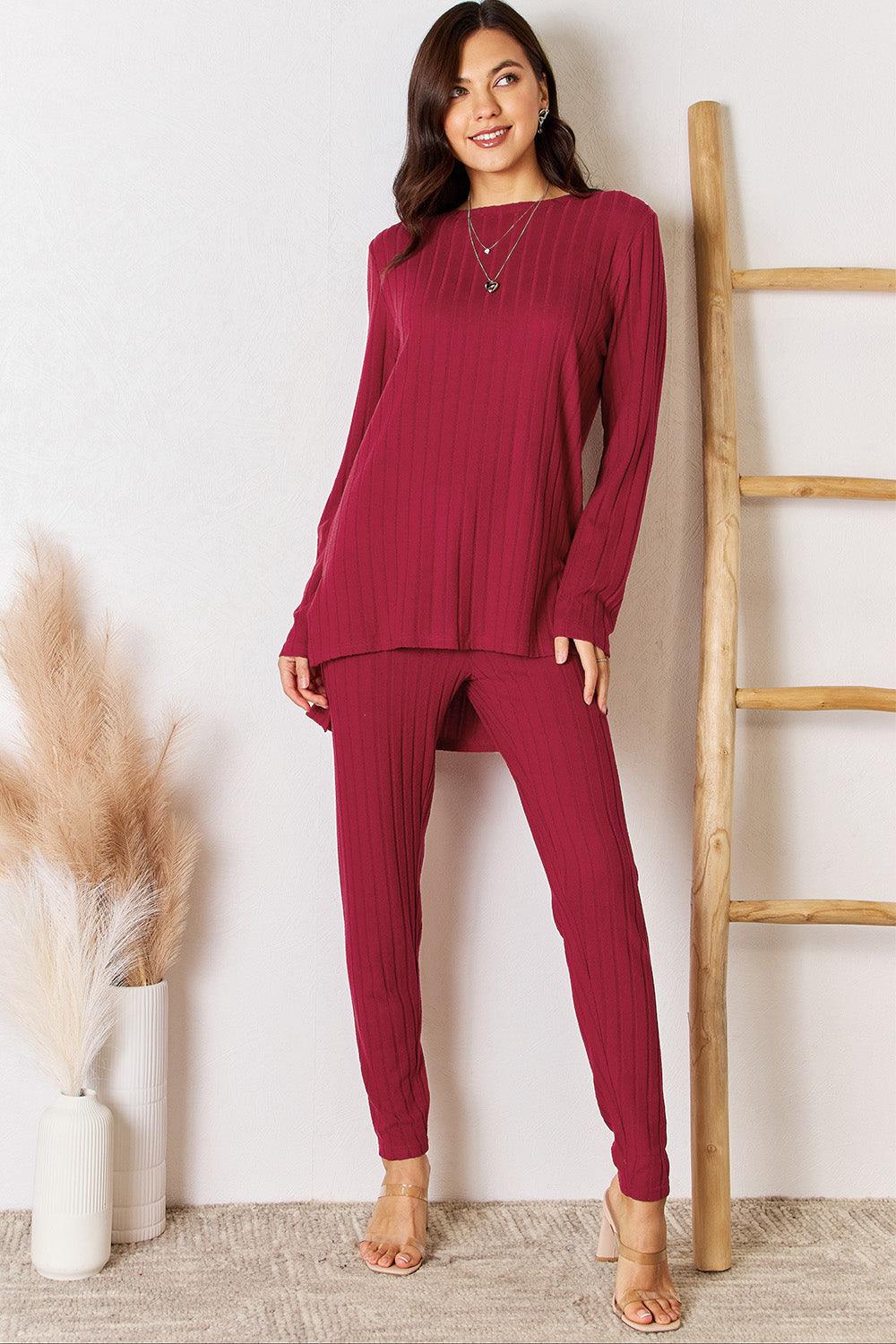 Basic Bae Full Size Ribbed Round Neck High-Low Slit Top and Pants Set Carauana Store