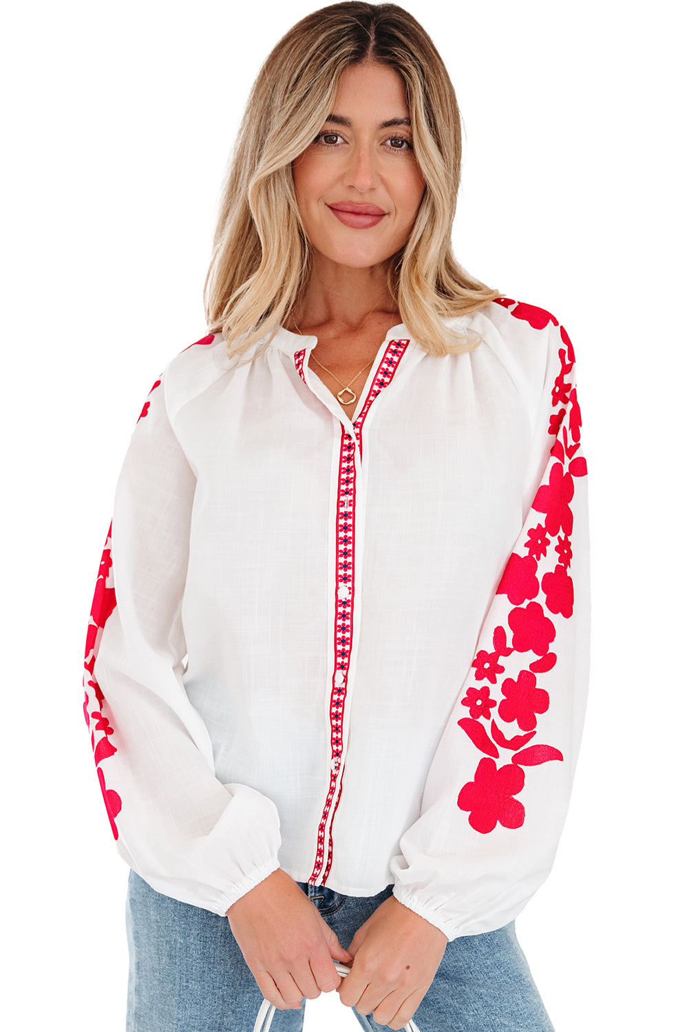 White Floral Embroidered Puff Long Sleeve Casual Shirt