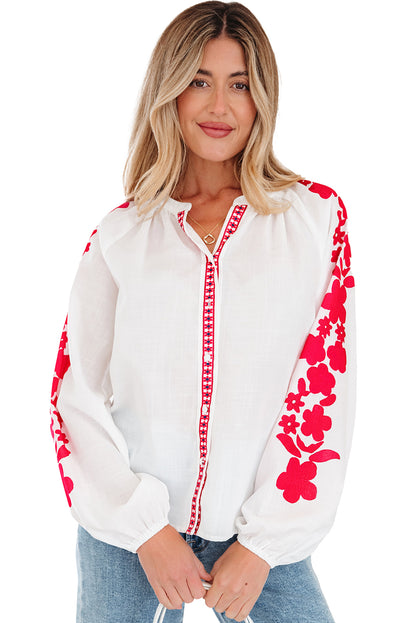 White Floral Embroidered Puff Long Sleeve Casual Shirt