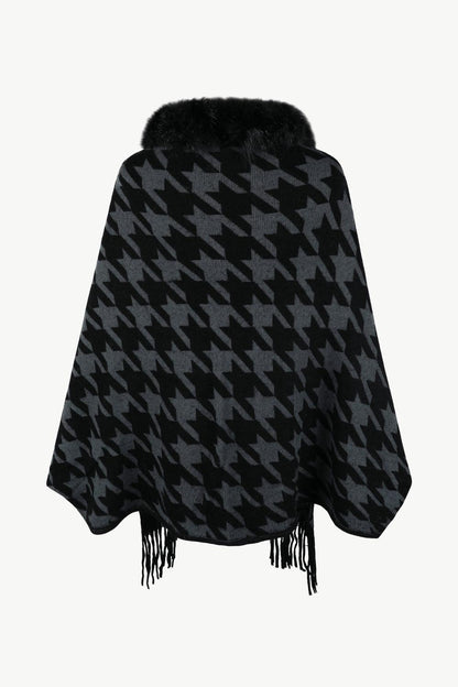 Houndstooth Fringe Hem Poncho Carauana Store