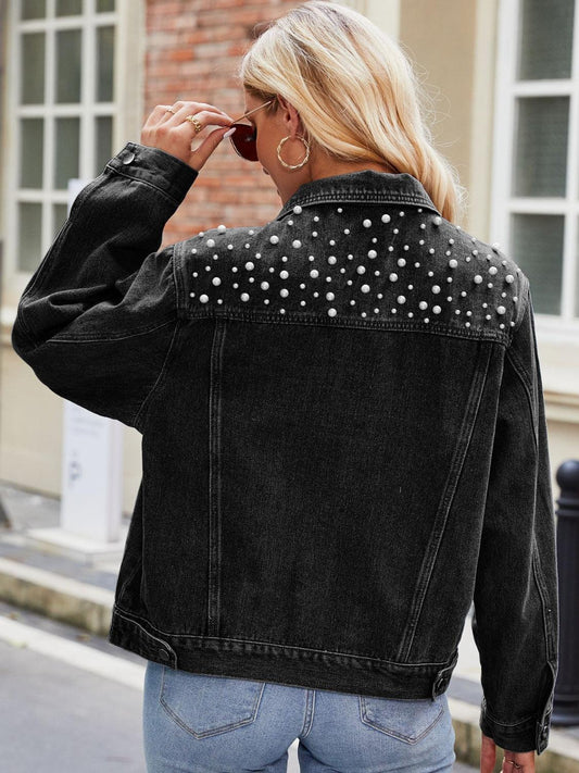Pearl Detail Collared Neck Long Sleeve Denim Jacket Carauana Store