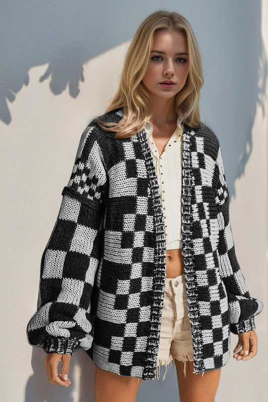 Double Take Full Size Open Front Checkered Drop Shoulder Cardigan Carauana Store