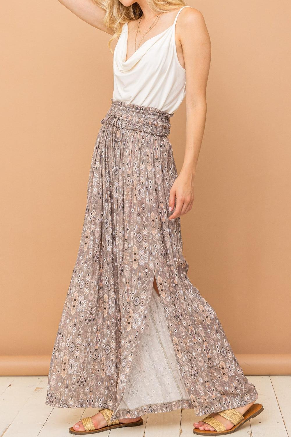 And The Why Printed Smocked Waist Slit Wide Leg Pants Carauana Store