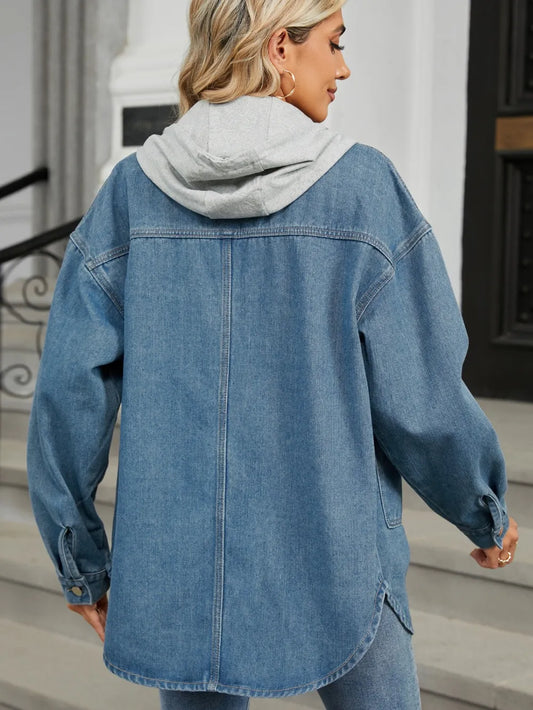 Removable Hood Button Up Long Sleeve Denim Jacket Carauana Store