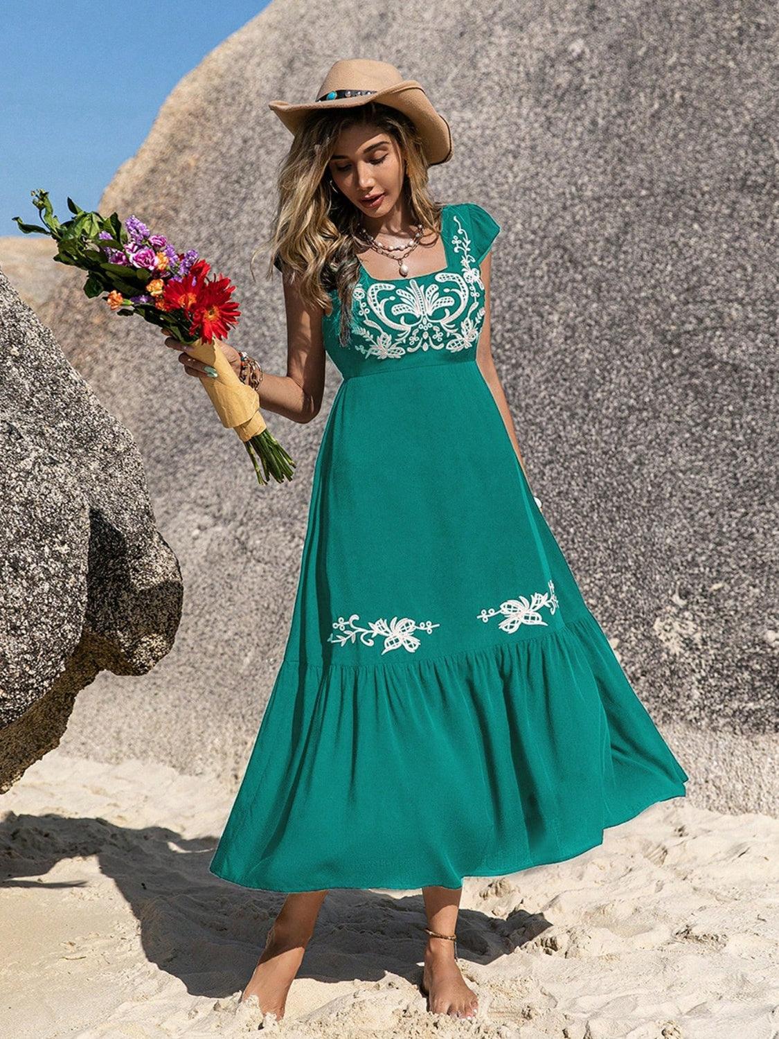 Embroidered Square Neck Cap Sleeve Dress Carauana Store