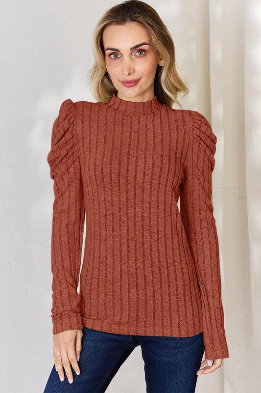 Basic Bae Full Size Ribbed Mock Neck Puff Sleeve T-Shirt Carauana Store