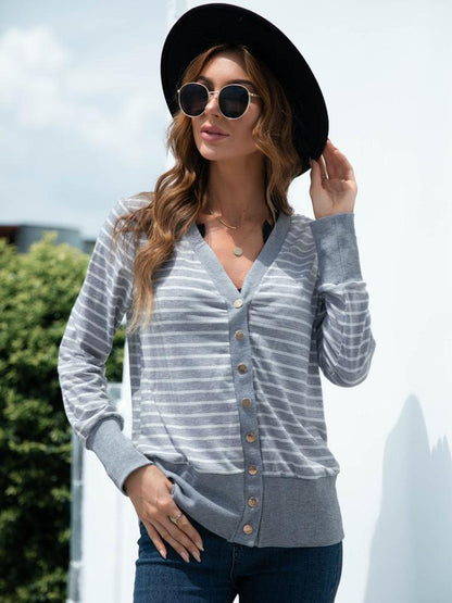 Striped Snap Down Long Sleeve Cardigan Carauana Store