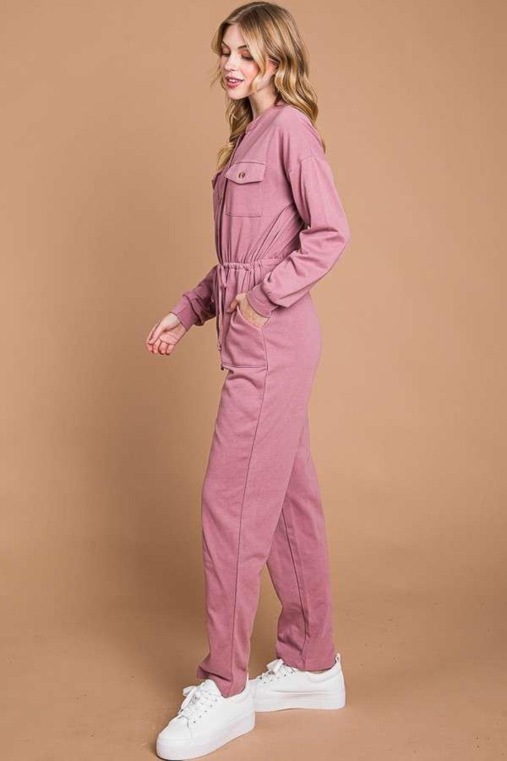Culture Code Full Size Button Up Drawstring Waist Straight Jumpsuit Carauana Store