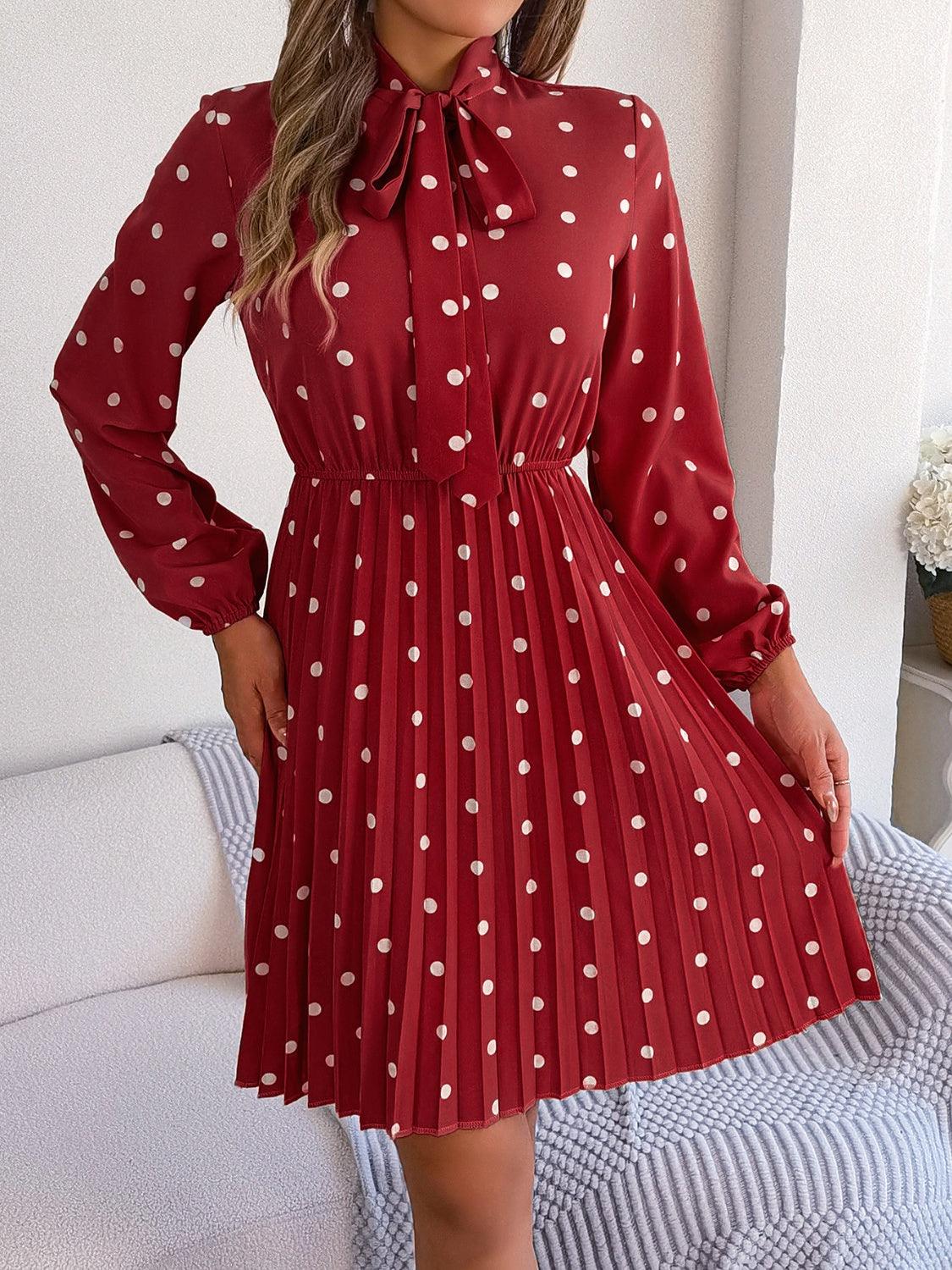 Polka Dot Tie Neck Pleated Dress Carauana Store