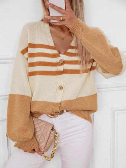 Color Block V-Neck Button Down Long Sleeve Cardigan Carauana Store