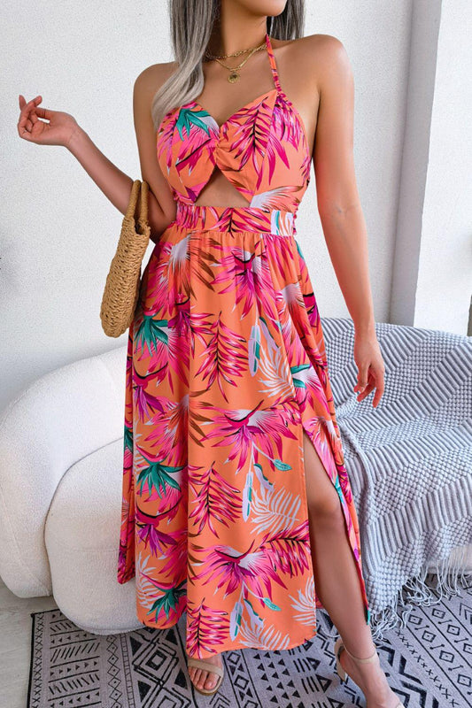 Botanical Print Tied Backless Cutout Slit Dress Carauana Store
