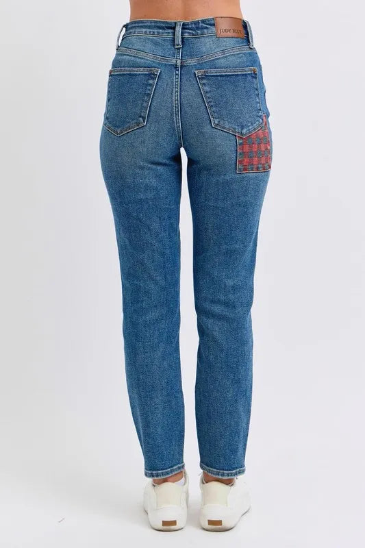 Judy Blue Full Size HW Plaid Patch Slim Fit Jeans Plus Size Carauana Store