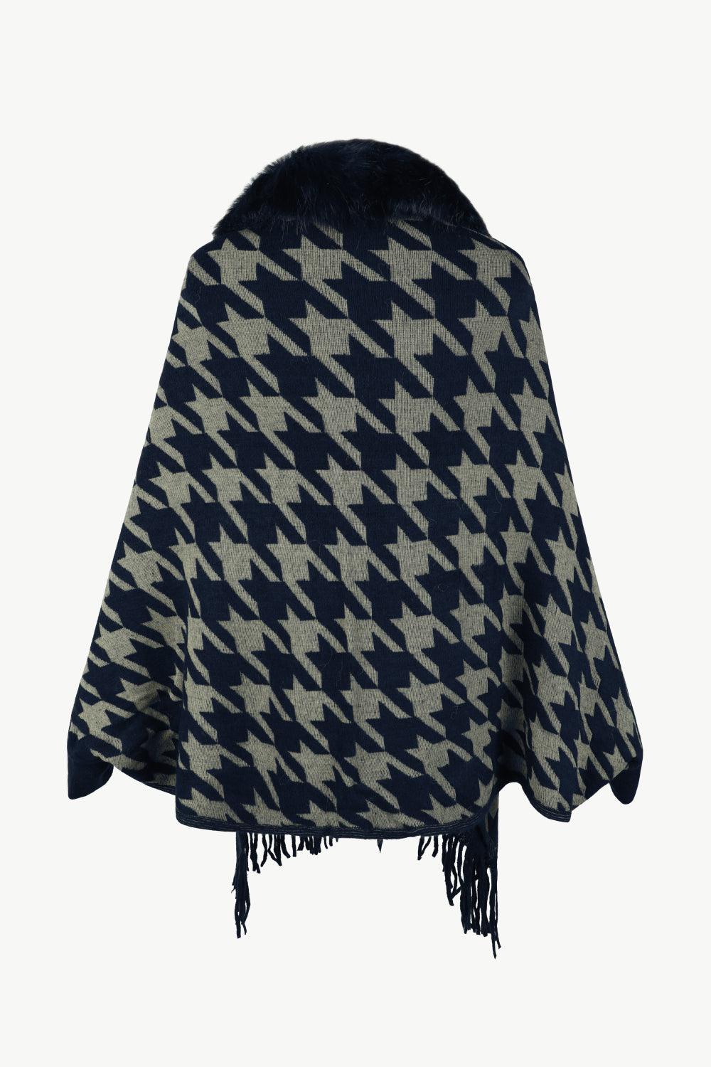 Houndstooth Fringe Hem Poncho Carauana Store