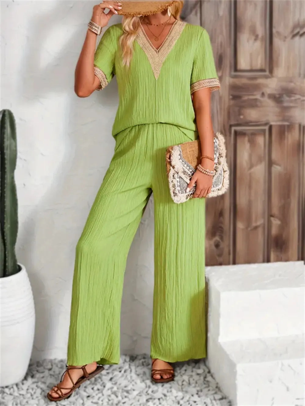 V-Neck Short Sleeve Top and Pants Set Carauana Store