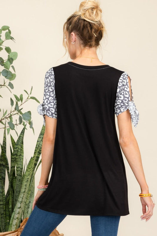 Celeste Full Size Open Tie Sleeve Leopard Color Blocked Top Carauana Store