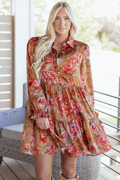 Brown Vintage Floral Print Shirt Style Half Button Long Sleeve Ruffle Mini Dress