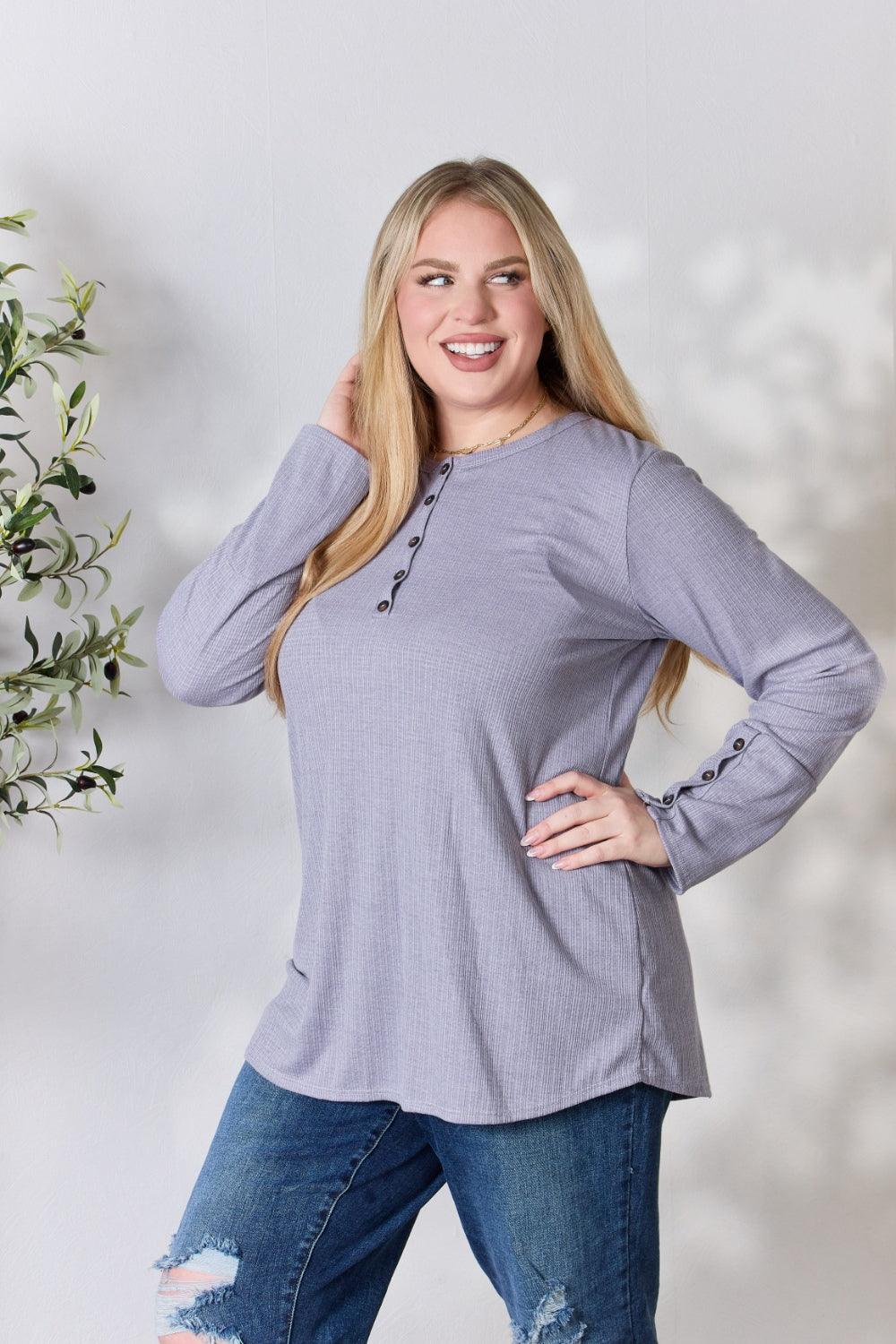 Heimish Full Size Texture Half Button Long Sleeve Top Carauana Store