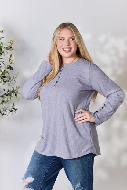 Heimish Full Size Texture Half Button Long Sleeve Top Carauana Store