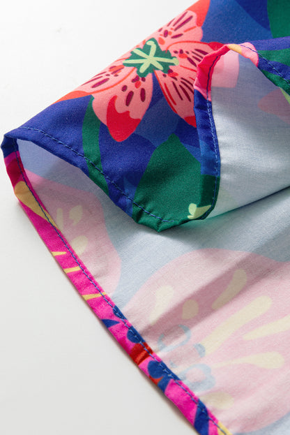 Blue Floral Print 3/4 Sleeve V Neck Tiered Long Dress