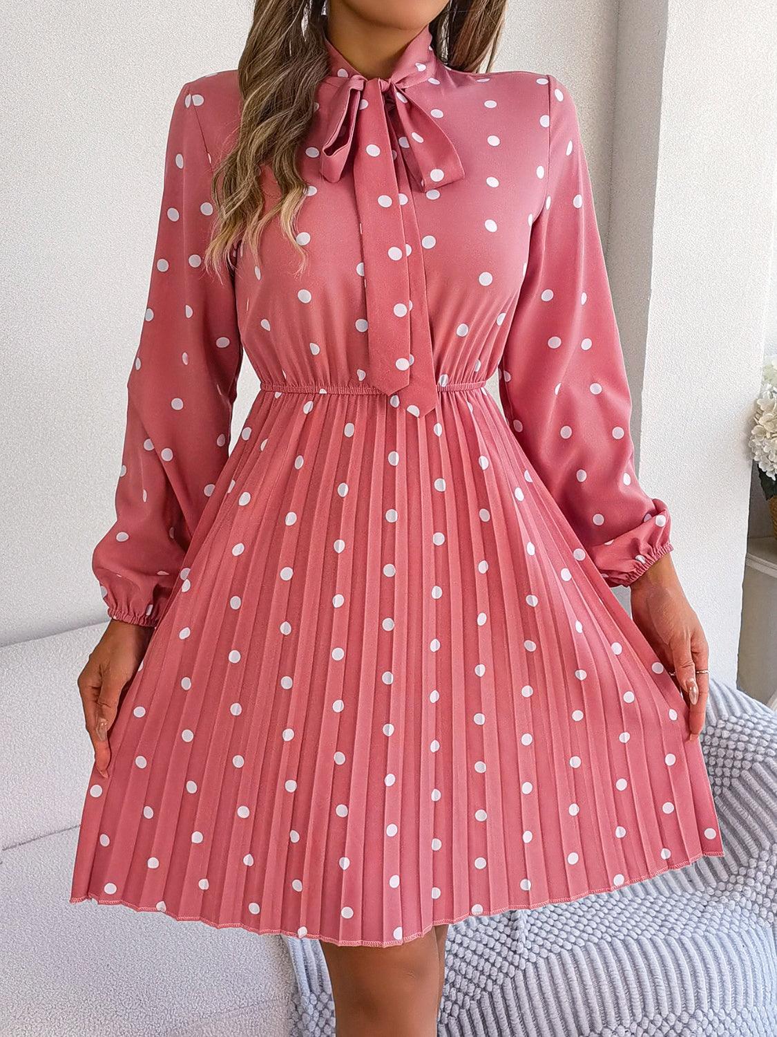 Polka Dot Tie Neck Pleated Dress Carauana Store