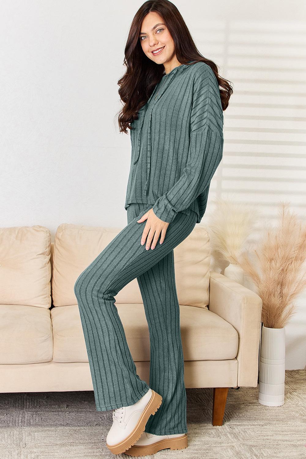 Basic Bae Full Size Ribbed Drawstring Hood Top and Straight Pants Set