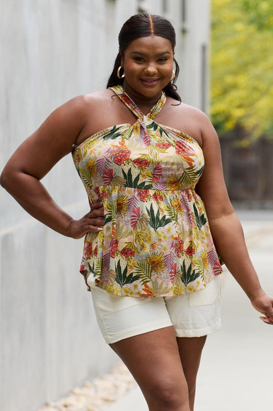 Be Stage Full Size Floral Halter Top in Green Carauana Store