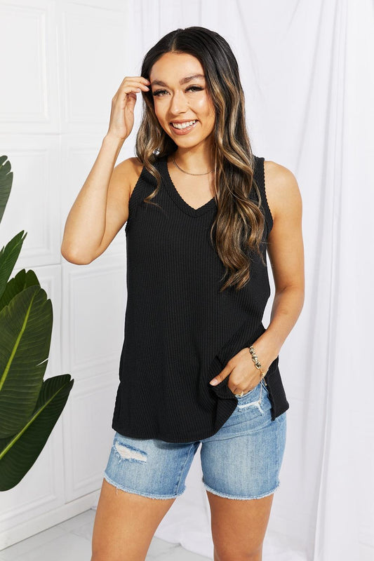 Blumin Apparel Chance of Sun Full Size Ribbed V-Neck Tank in Black Carauana Store