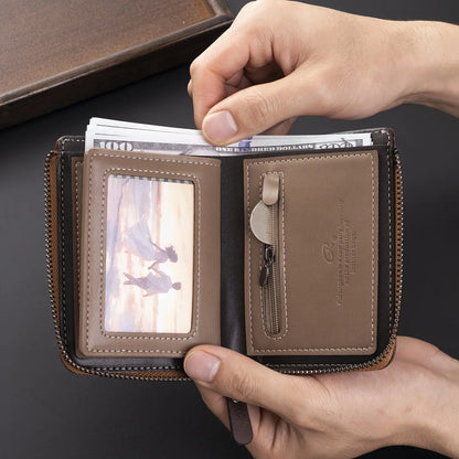 Brown leather wallet with card slots and a photo frame held by a hand.