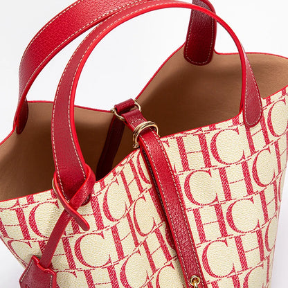 Red and beige handbag with a prominent brand logo on a white background