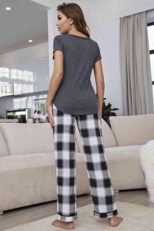 Curved Hem Short Sleeve Top and Plaid Pants Lounge Set Carauana Store