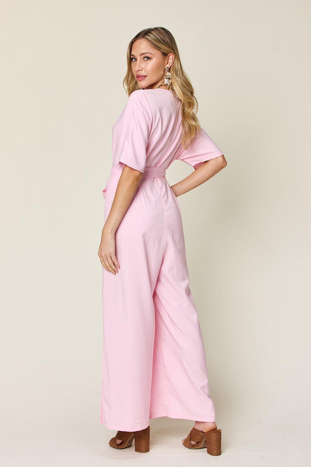 Double Take Full Size V-Neck Tie Front Short Sleeve Slit Jumpsuit Carauana Store