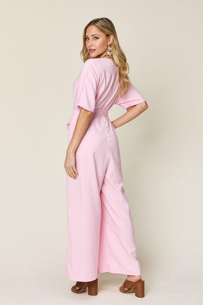 Double Take Full Size V-Neck Tie Front Short Sleeve Slit Jumpsuit Carauana Store