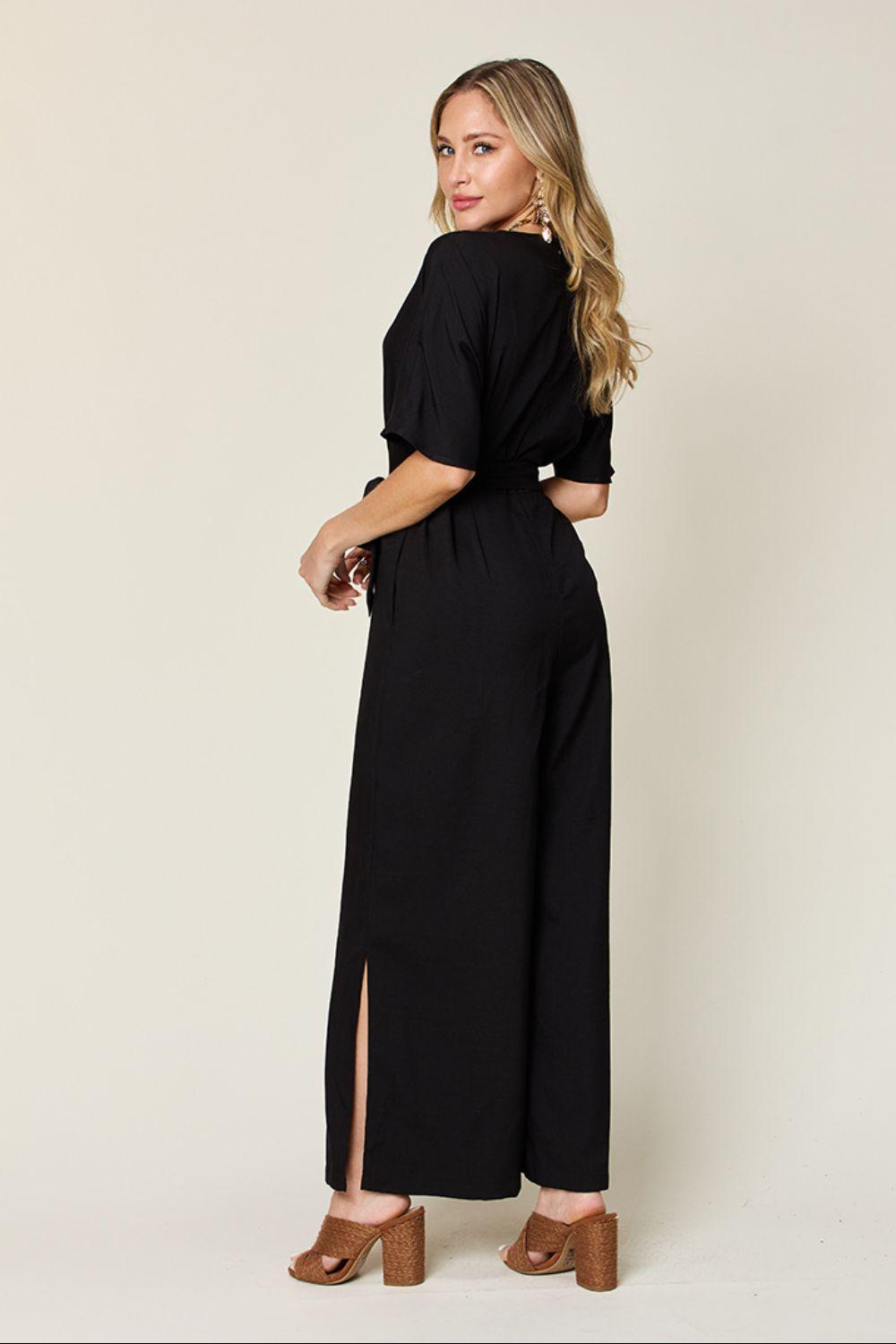 Double Take Full Size V-Neck Tie Front Short Sleeve Slit Jumpsuit Carauana Store