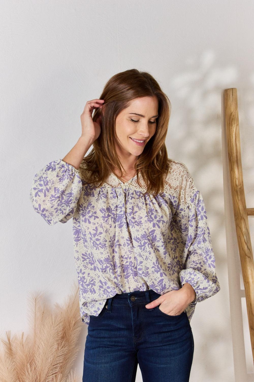 Hailey & Co Full Size Lace Detail Printed Blouse Carauana Store