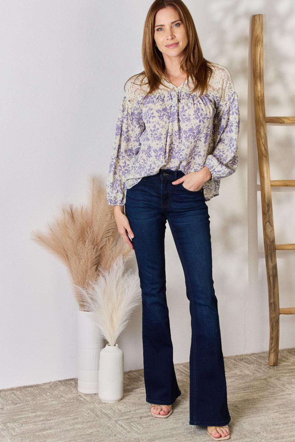 Hailey & Co Full Size Lace Detail Printed Blouse Carauana Store