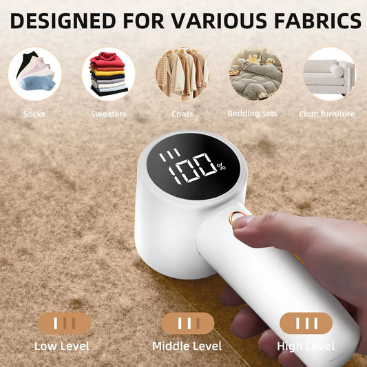 Handheld fabric tester with digital display on a textured surface, showing fabric types it can test.