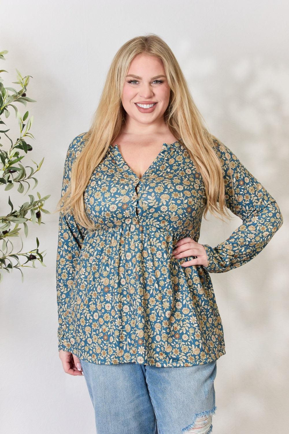 Heimish Full Size Floral Half Button Long Sleeve Blouse Carauana Store