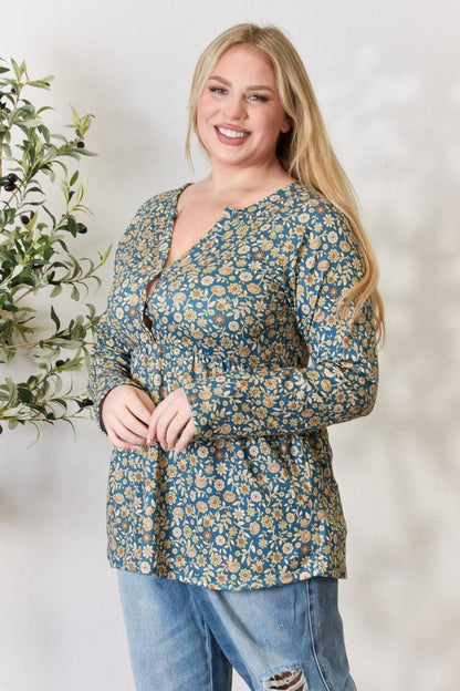 Heimish Full Size Floral Half Button Long Sleeve Blouse Carauana Store
