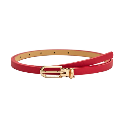 Red belt with a gold buckle