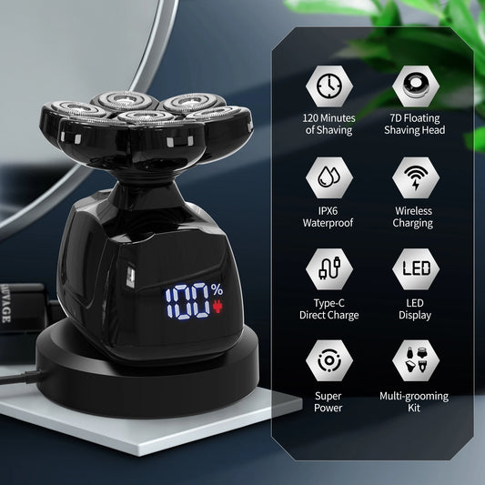 Black electric shaver with charging station and feature icons on a dark background