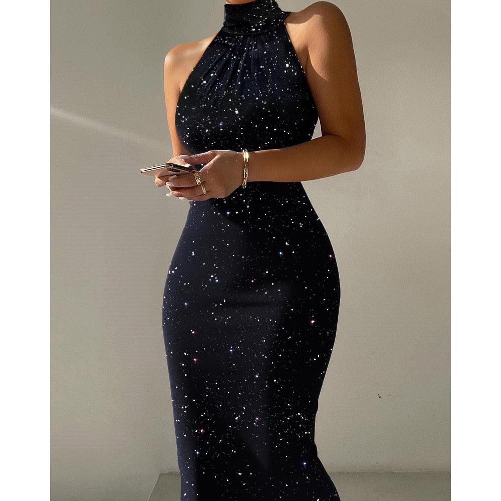 New Women Elegant Bodycon Mini Dress Glitter High Neck Sleeveless Bodycon Sexy Slim Fit Party Dress